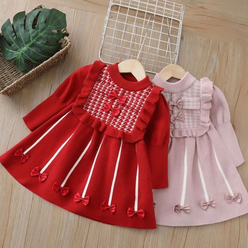 New Year's Jumper Dress for Kids Girls Spring and Autumn Casual Baby Girl Bow Knit Princess Dresses 2 To 6 Years Old Christmas