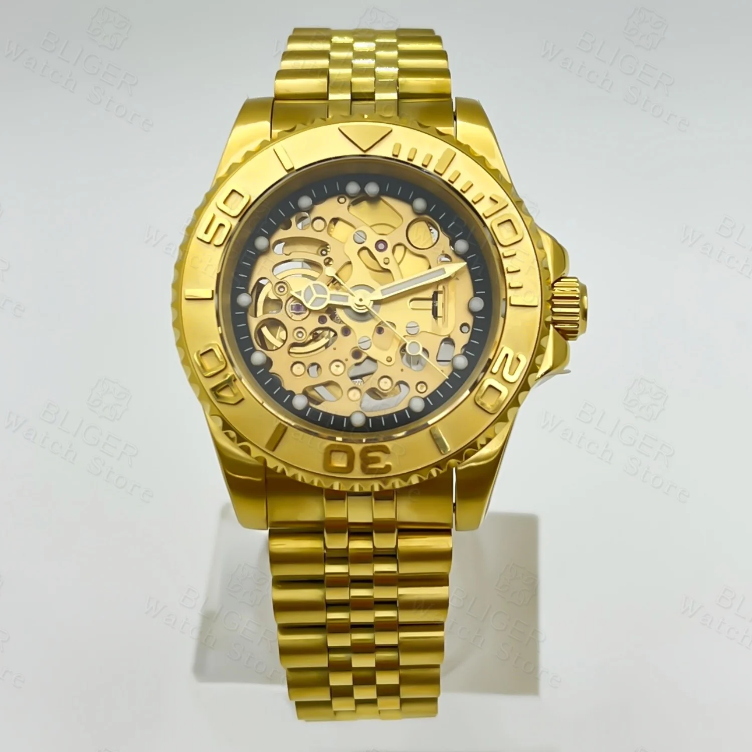 BLIGER 40MM Luxury Full Gold Hollow-out Skeleton NH71 Automatic Watch For Men  Sapphire Glass Waterproof Diving Reloj Hombre