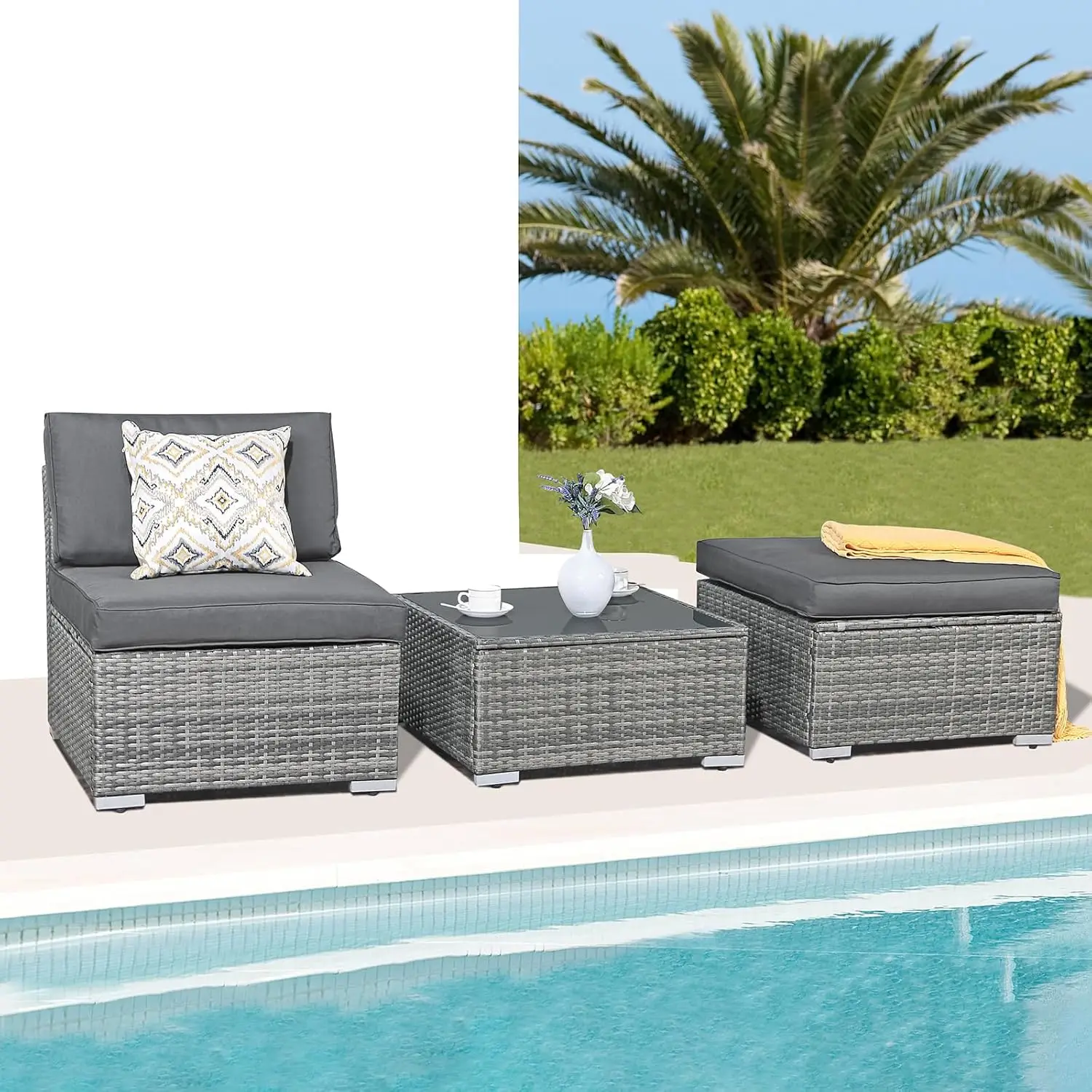 Patiorama 3-Piece Patio Furniture Set, Outdoor Sectional Sofa, All-Weather Grey Pe Wicker Rattan Conversation Set, Outdoor