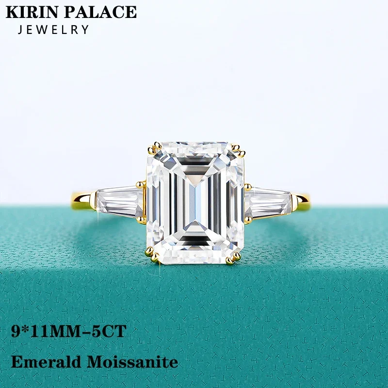 Szmaragdowy krój 5.0CT Moissanite pierścionki z diamentem dla kobiet D VVS1 kolor S925 srebro zaręczynowy biżuteria ślubna na prezent