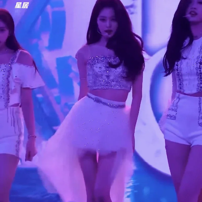 Kpop Korean Singer Y2K Concert Outfits Women Sexy Lace Sling Vest Crop Tops Jazz Dance Wear Mesh Skirt Stage Performance Costume