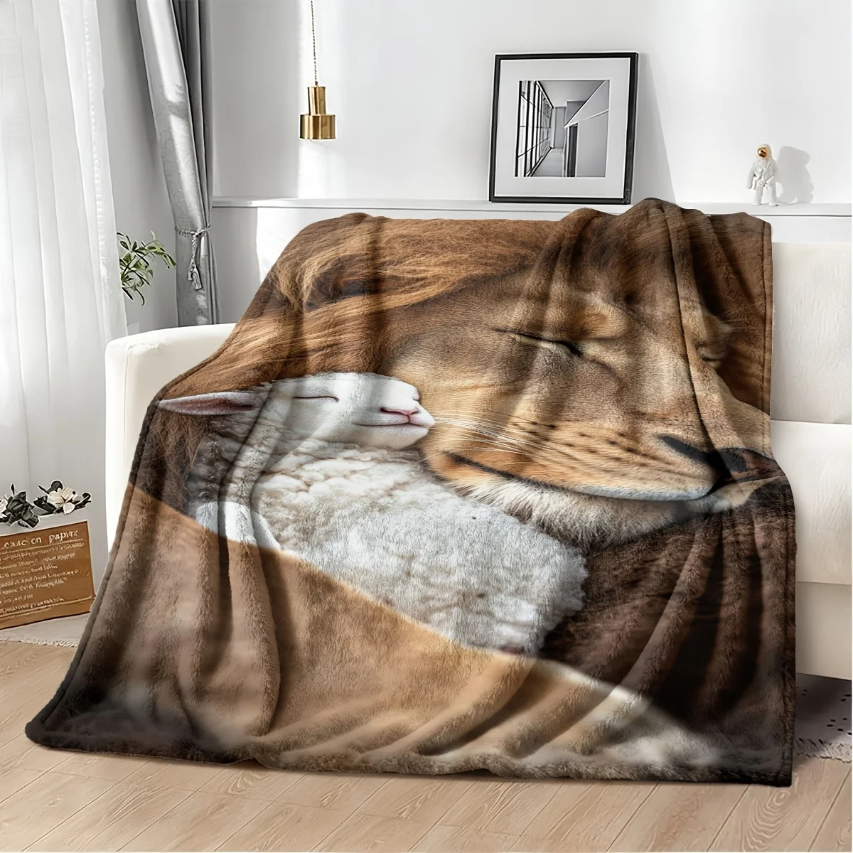 Cozy Lion and Sheep Couple Throw Blanket 150x230cm Plush Animal Art Print Bed Throw Couch Decor Gift for Pet Lovers