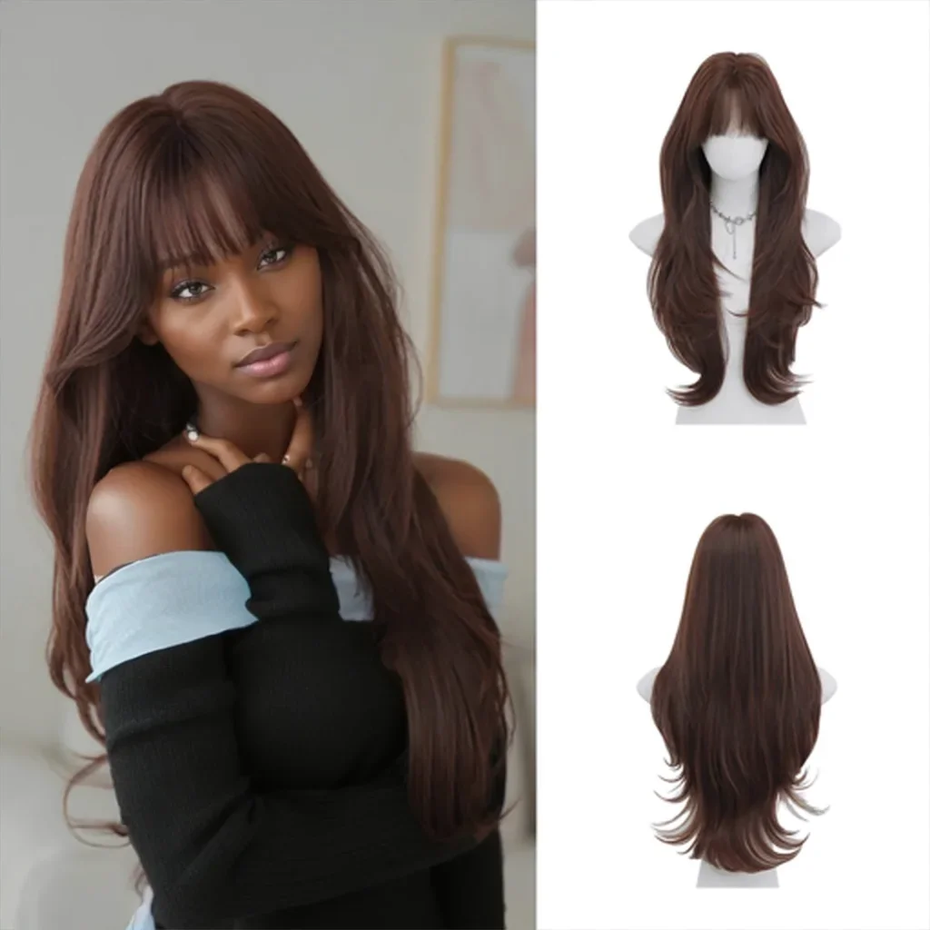 La frangia riccia lunga sintetica ondulata marrone-nero di alta qualità è adatta per le parrucche naturali soffici resistenti al calore per le feste quotidiane delle donne