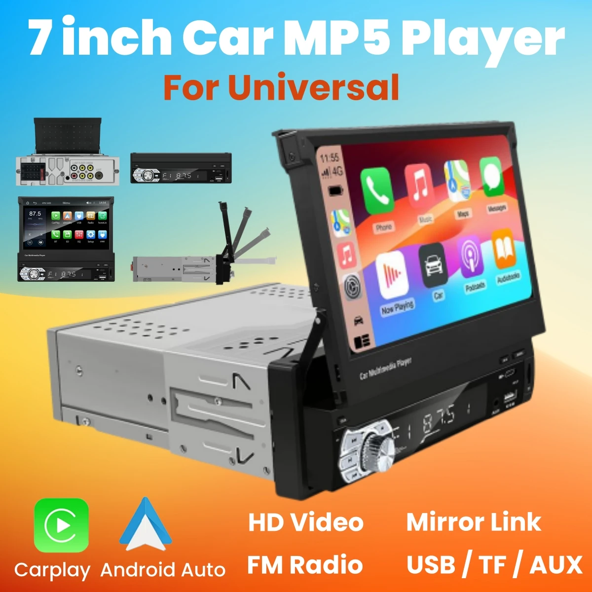 

Universal 7Inch HD Retractable Wired Android Auto Carplay 1Din GPS Navigation Multimedia MP5 Player Mirror Link BT FM AUX