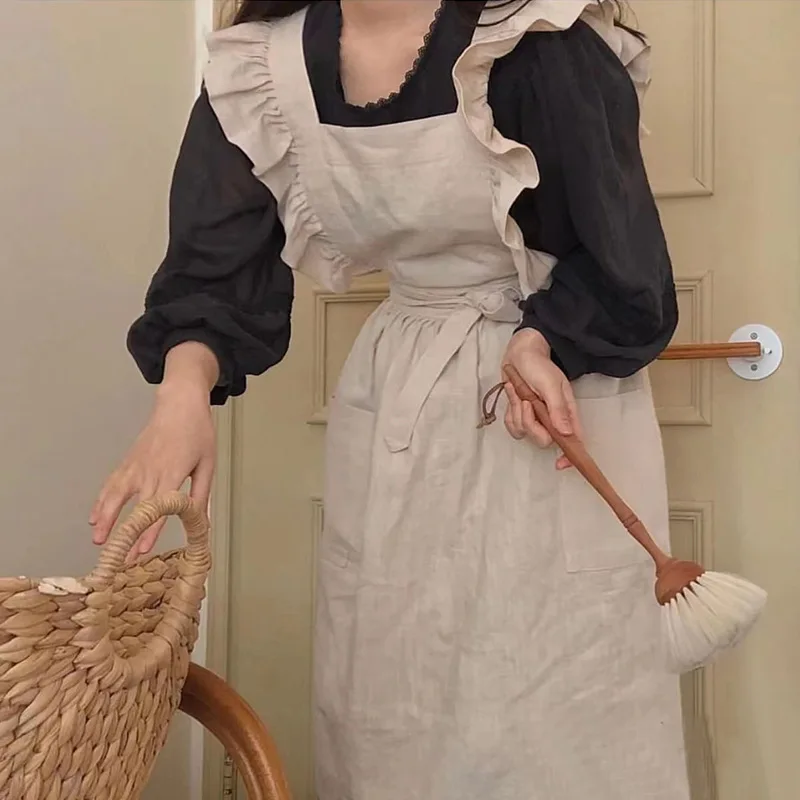 Japanese Washed Cotton Linen Lace Kitchen Aprons Flower Shop Garden Ruffles Work Clean Apron for Woman Dress