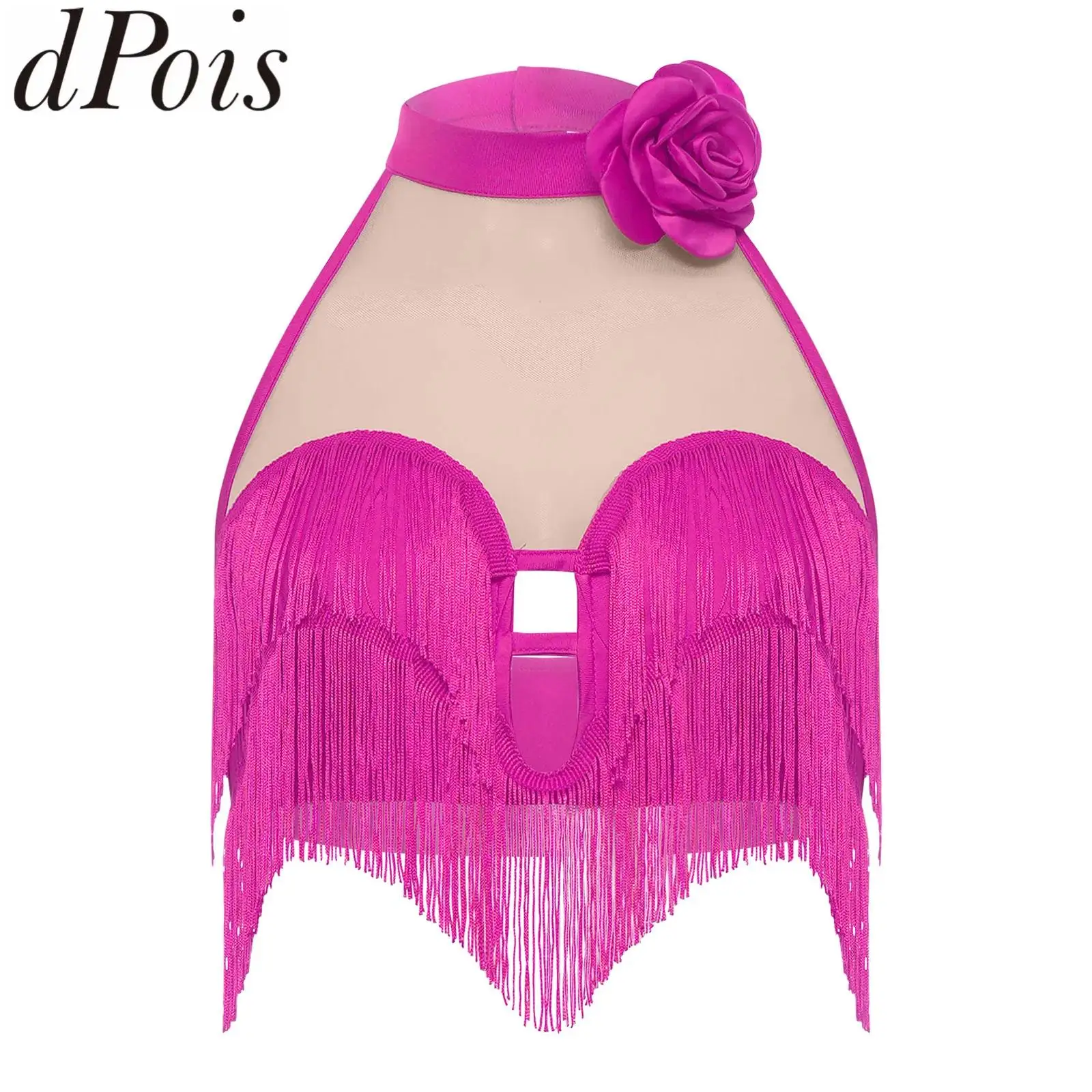 

Женский костюм для латиноамериканских танцев (сальса, румба, танец живота) с 3D цветочными аппликациями, укороченный топ без рукавов, сетчатые вставки, многоярусный жилет с бахромой