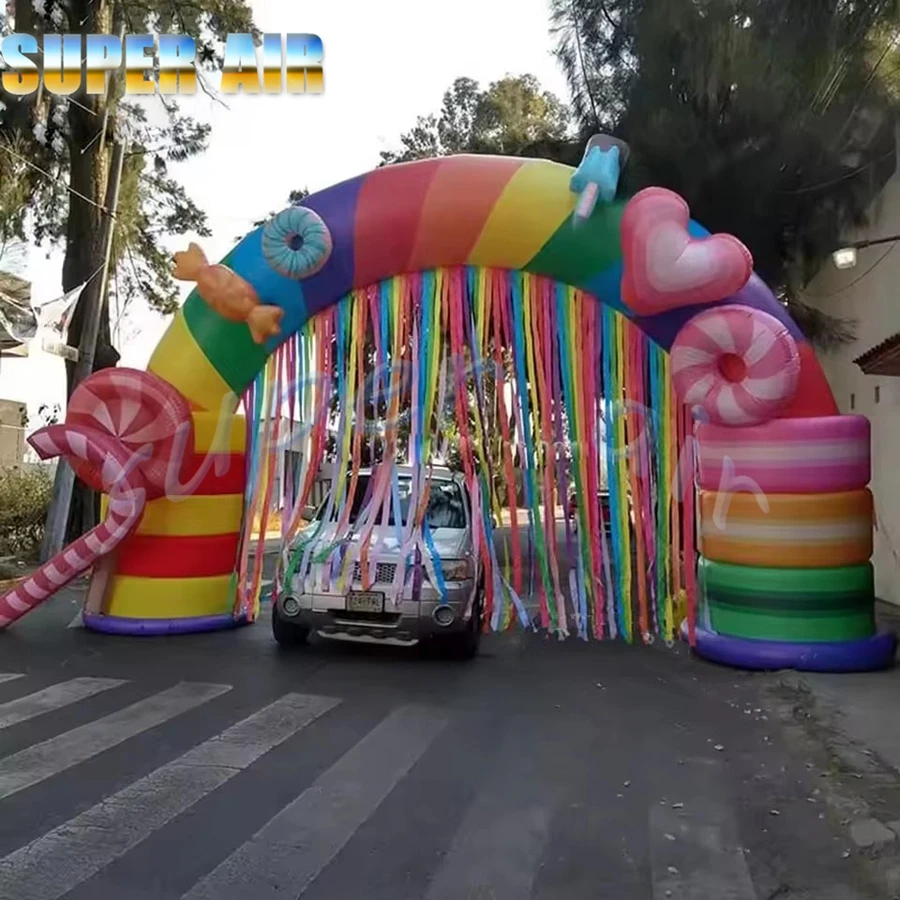 Custom beautiful outdoor inflatable arch used for children's party inflatable candy arch with door curtain