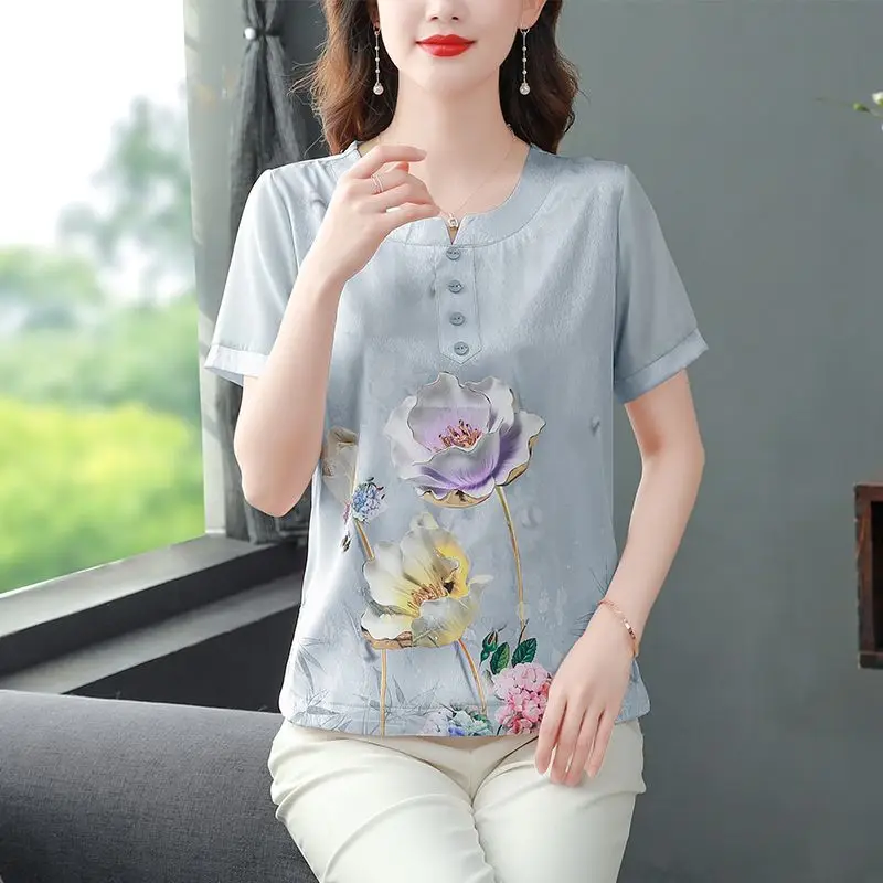 Female Clothing Retro Tees Short Sleeve Blouse 2023 Summer New Women\'s T-shirt Fashion Floral Printing Elegant Casual Tops