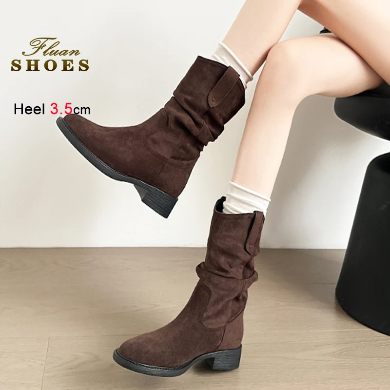 2025年秋-快適なソフトプリーツブーツ-レディースチャンキーヒール-ファッションスエードショートブーツ-35cm-アウトドアカジュアル-スリッポン-レディースシューズ