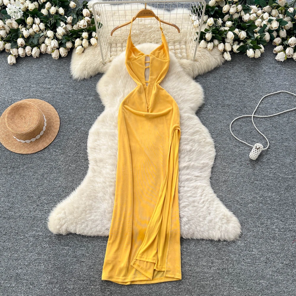 Chic vintage senza maniche diviso senza schienale solido sottile Elegante fata moda coreana Boho Vestito estivo abbigliamento donna Abito lungo