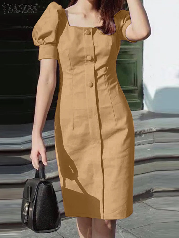 

Summer Square Neck Short Sleeve OL Dress 2024 ZANZEA Women's Dresses Fashion Casual Solid Office Knee-length Sundress Party Robe