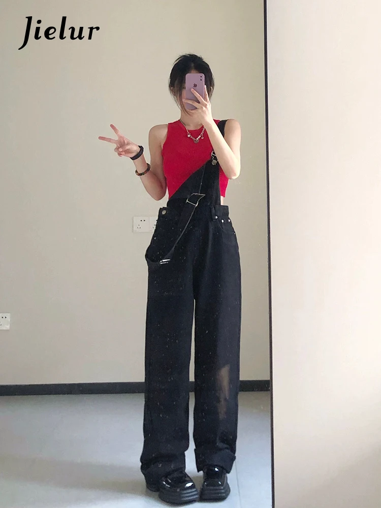 Jielur Autumn New American Slim Loose Women Overalls High Waist Retro Straight Jeans Female Black Casual Street Chic Jeans Woman