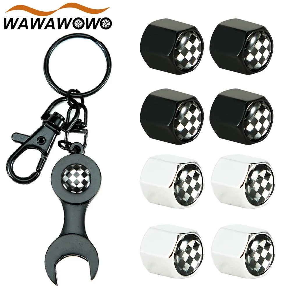 5Pcs Black/White Check Style Zinc Alloy Anti-Theft Car Wheel Tire Valve Cap Stem with Wrench Keychain Ring Spanner Accessories