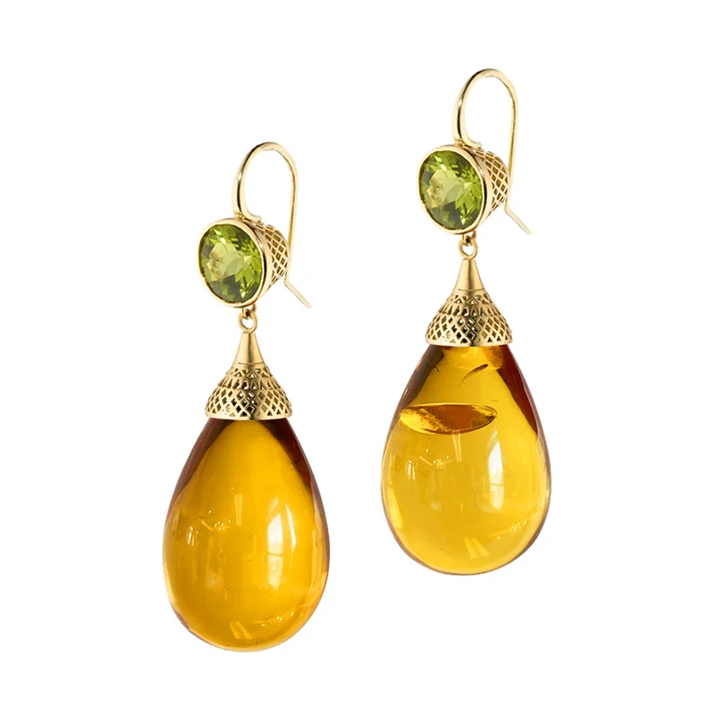 Gorgeous Teardrop Yellow Stone Dangle Earrings Trendy Jewelry Classic Geometry Round Olive Green Zircon Earrings for Women