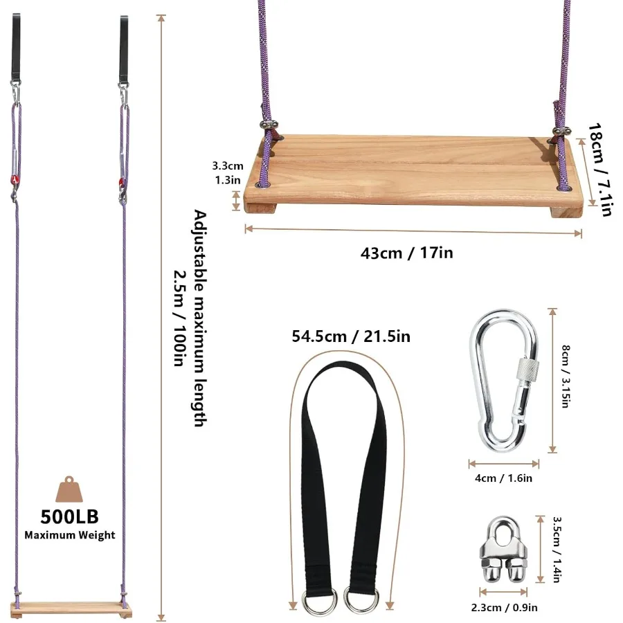Balanço de madeira de teca, assento de balanço de árvore de madeira ao ar livre para adultos, quintal, conjunto de balanço, altura ajustável, 16,7x7 polegadas