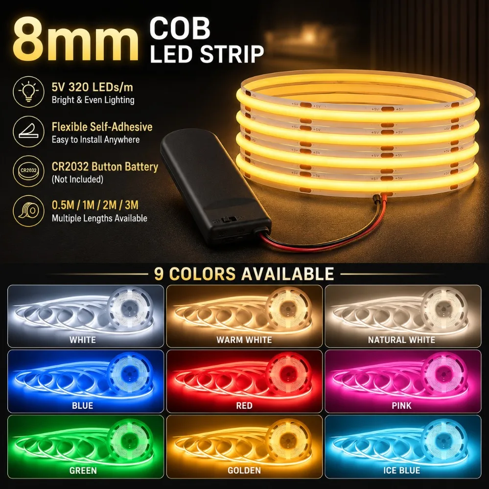 8MM COB LED Strip 5V 320LED/M Red Green Blue Pink Flexible Self Adhesive Light Battery Power Home Decor 0.5m 1m 2m 3m