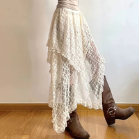 Lace Asymmetrical A-Line Maxi Skirt Women 2025 Spring Summer Boho High Waist Elegant Beach Party Dress Outfit Vintage Fairycore