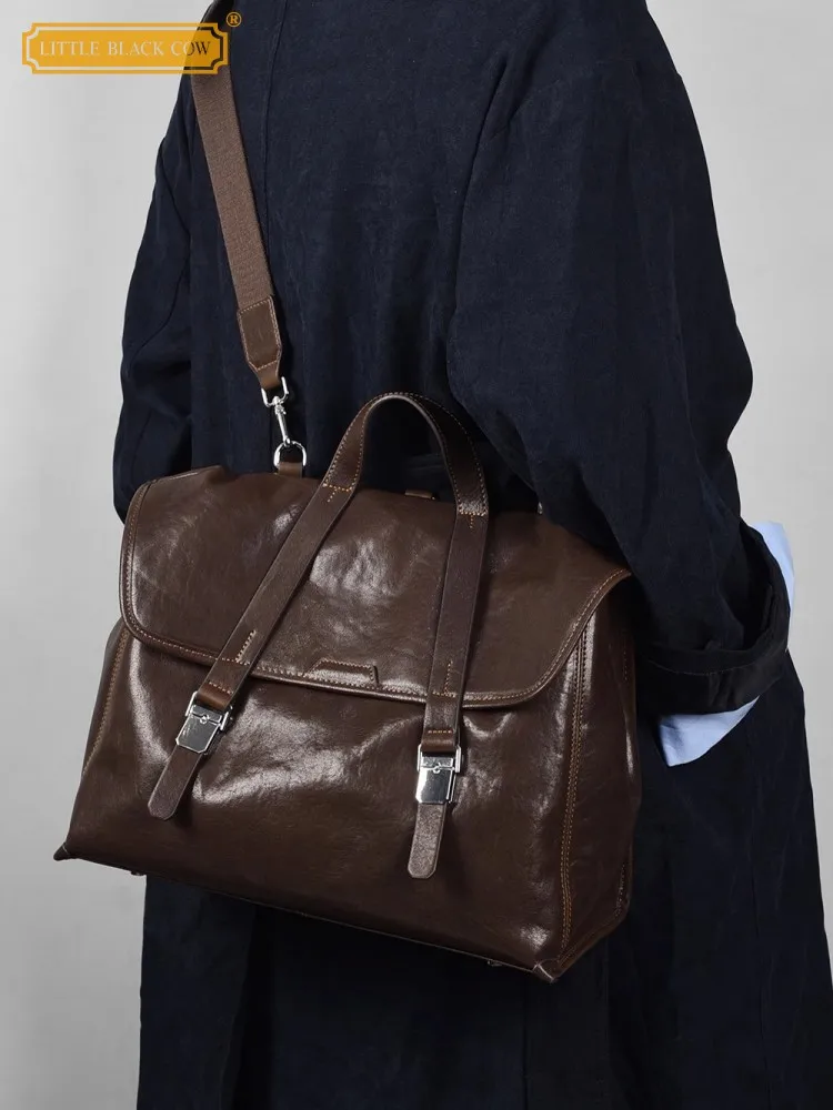 High Quality Men Business Work Cowhide Genuine Leather Briefcase Strap Shoulder Bag Unisex Totes Satchels Sling Crossbody Bags