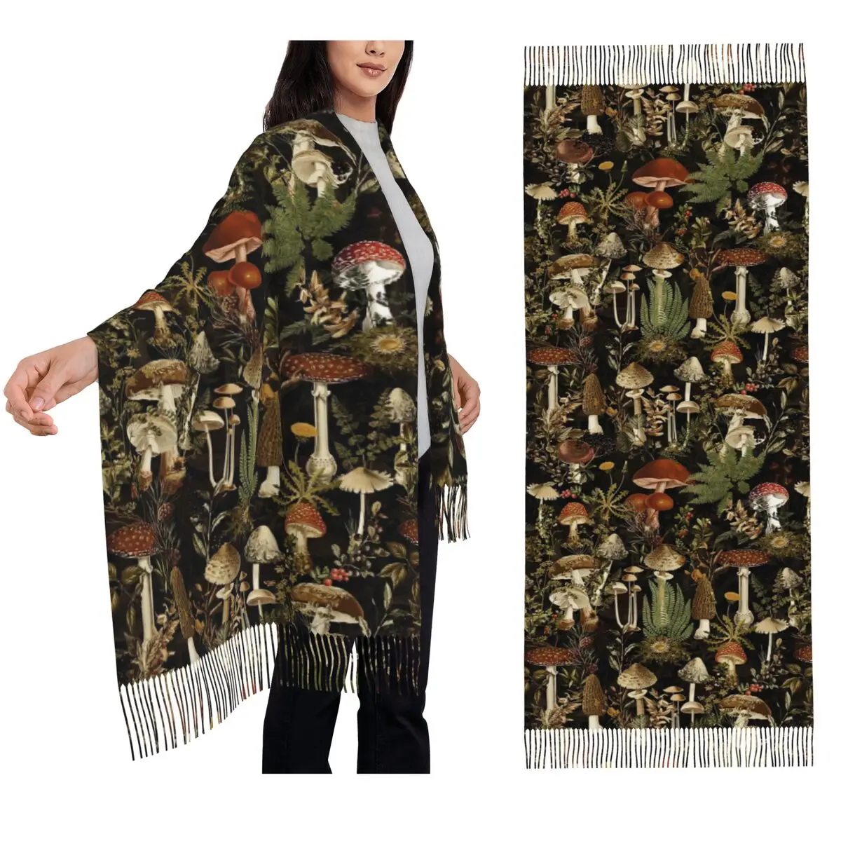 Midnight Mushrooms Forest Botanical Night Garden Scarf Tassel Scarves for Women  Shawls and Wraps Long Fall Winter Shawl Wrap