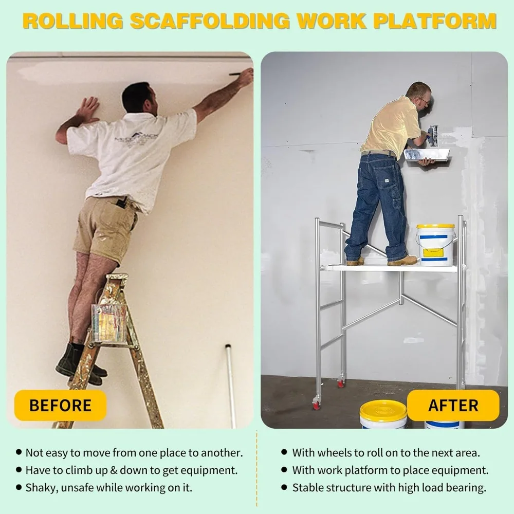 แพลตฟอร์มการทํางานนั่งร้าน, นั่งร้านแบบมีล้อ, นั่งร้านสําหรับการก่อสร้างอาคาร (ความสูง 59.0 นิ้ว, ความจุ 500 ปอนด์)