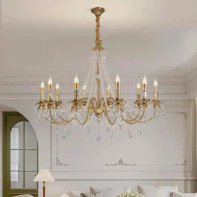 American Luxury Candle E14 Chandelier Living Room Lustre Crystal Hanging Lamp Copper Suspend Lamp Led Luminarias Decor Lamparas