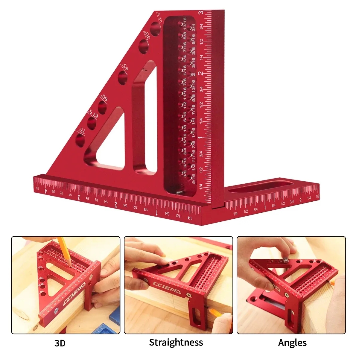 45/90 Degree Metric Imperial Aluminum Alloy Multi-Angle Measuring Hole Marking Ruler Woodworking Square Protractor DIY Hand Tool