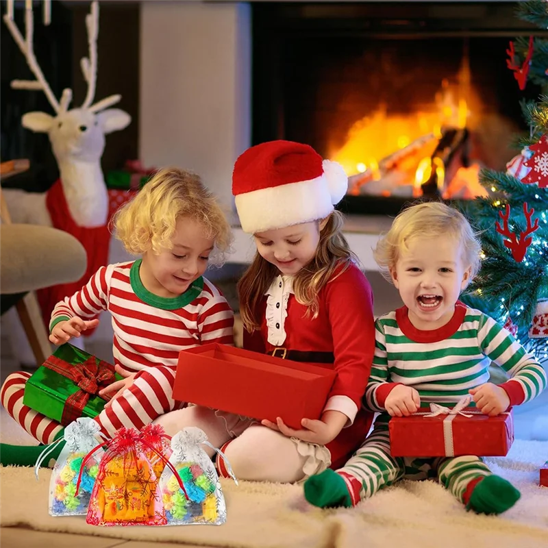 A45U 100PCS Snowflake Organza Bags Christmas 4X6 Inches Christmas Bags With Drawstring Mesh Bags For Christmas