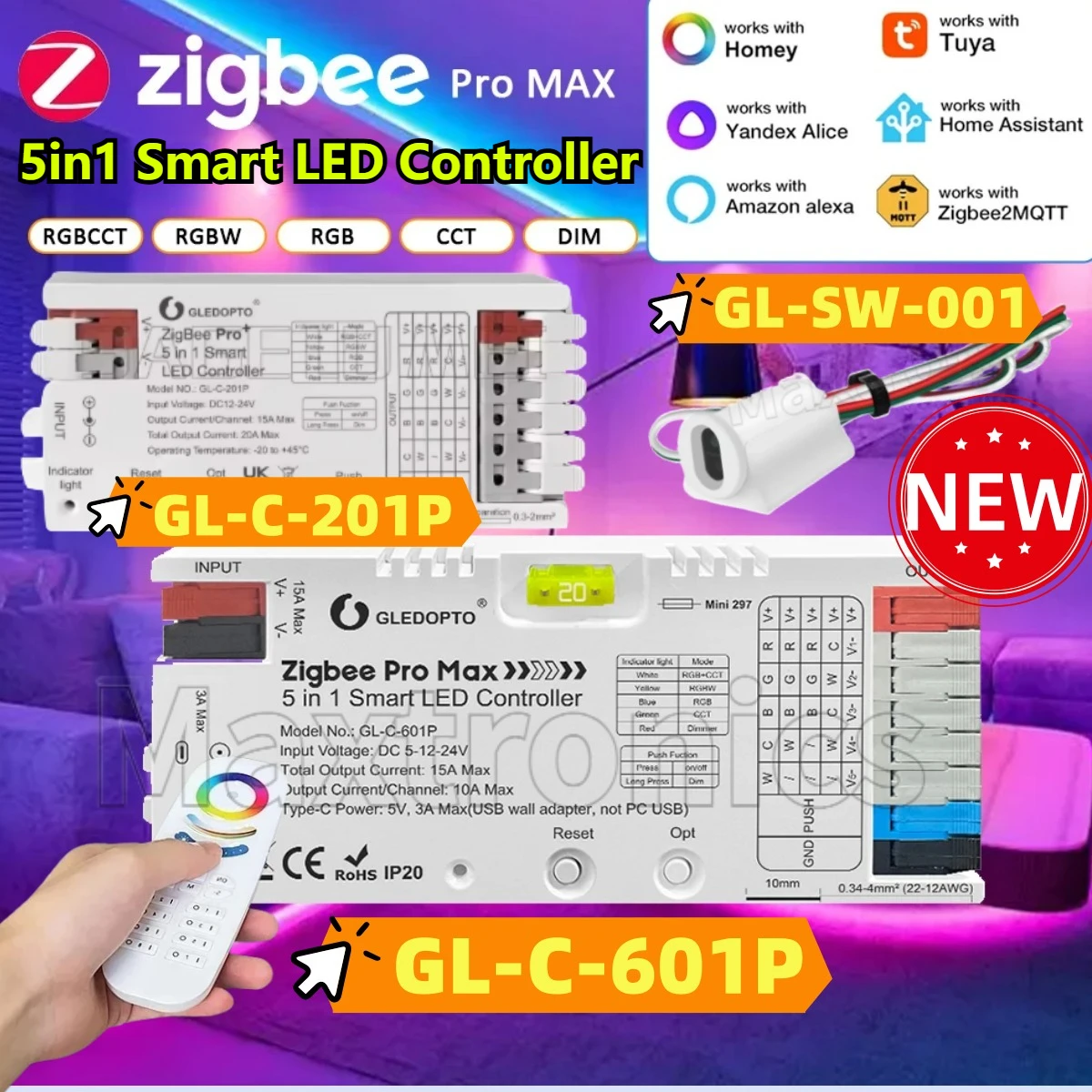 

НОВЫЙ светодиодный контроллер 5в1 ZigBee 3.0 Pro GL-C-201P/GL-C-601P/GL-RC-006Z, голосовое приложение для RGBCCT RGBW RGB CCT, диммер, светодиодная лента