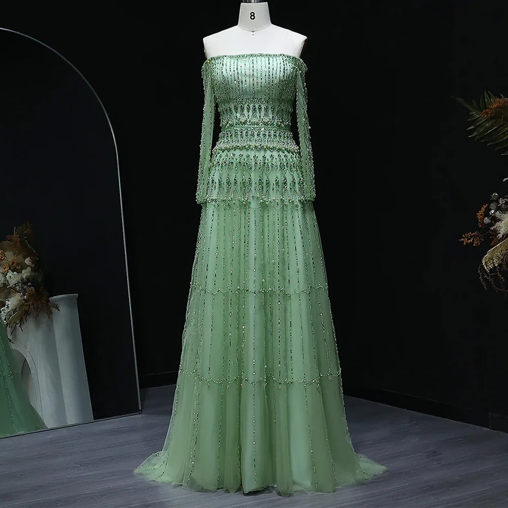 

Pearls Off the Shoulder Long Sleeves Evening Dress Customized Exquisite A-Line Sequined Party Gowns Fashion Crystal Prom Dress