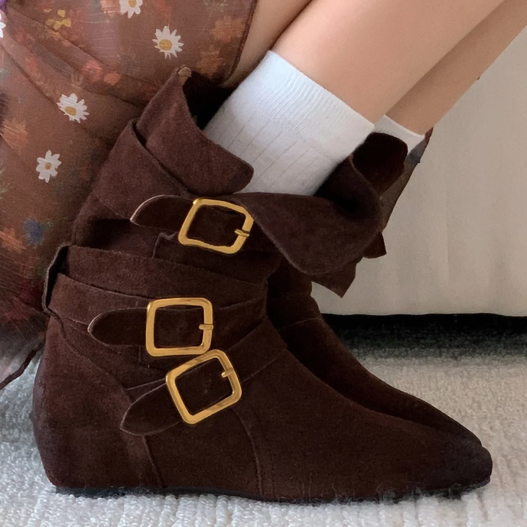 Stivali a metà polpaccio autunnali slip-on con zeppa in pelle scamosciata naturale da donna stivali a metà polpaccio con fibbia in metallo di alta
