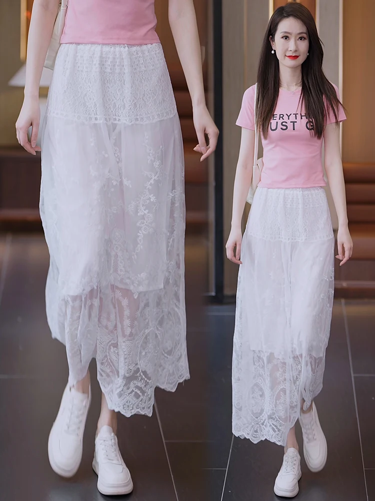 

Новая женская летняя тонкая юбка А-силуэта с высокой талией, кружевными вставками и эластичным поясом, в корейском стиле, для повседневной носки