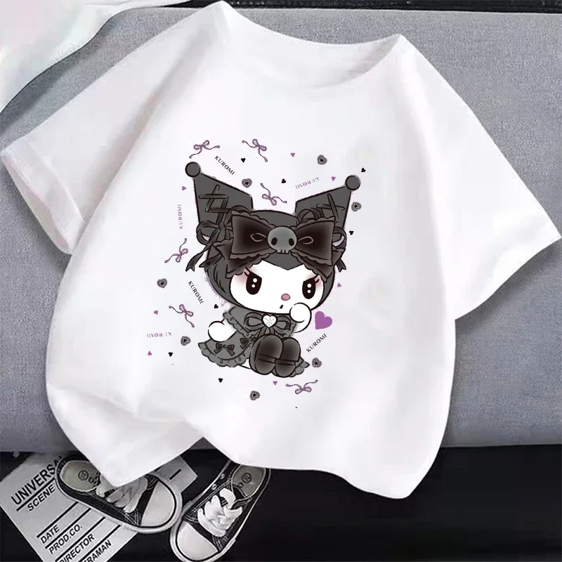 Camiseta infantil de manga curta preto e branco, roupas soltas, desenhos animados Sanrio fofos, Kuromi, algodão, presente de Natal, menino, menina,