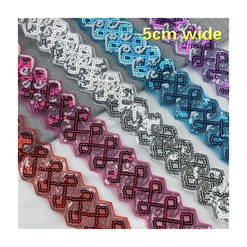 Hot 5cm Wide Flashing Organza Lace Fabric Sequins Beaded Embroidered Ribbon Collar Trim Applique For Diy Wedding Sewing Dentelle