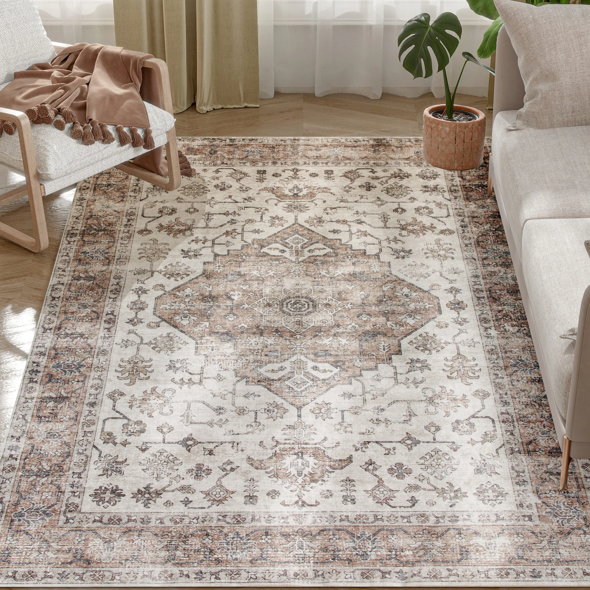 HOMCOM Machine Washable Area Rug, 4'x6' Vintage Oriental Medallion Distressed Rugs for Living Room, Non-Slip Low Pile Boho Carpet for Bedroom Dining Room, Soft Printed Floor Mat, Tan