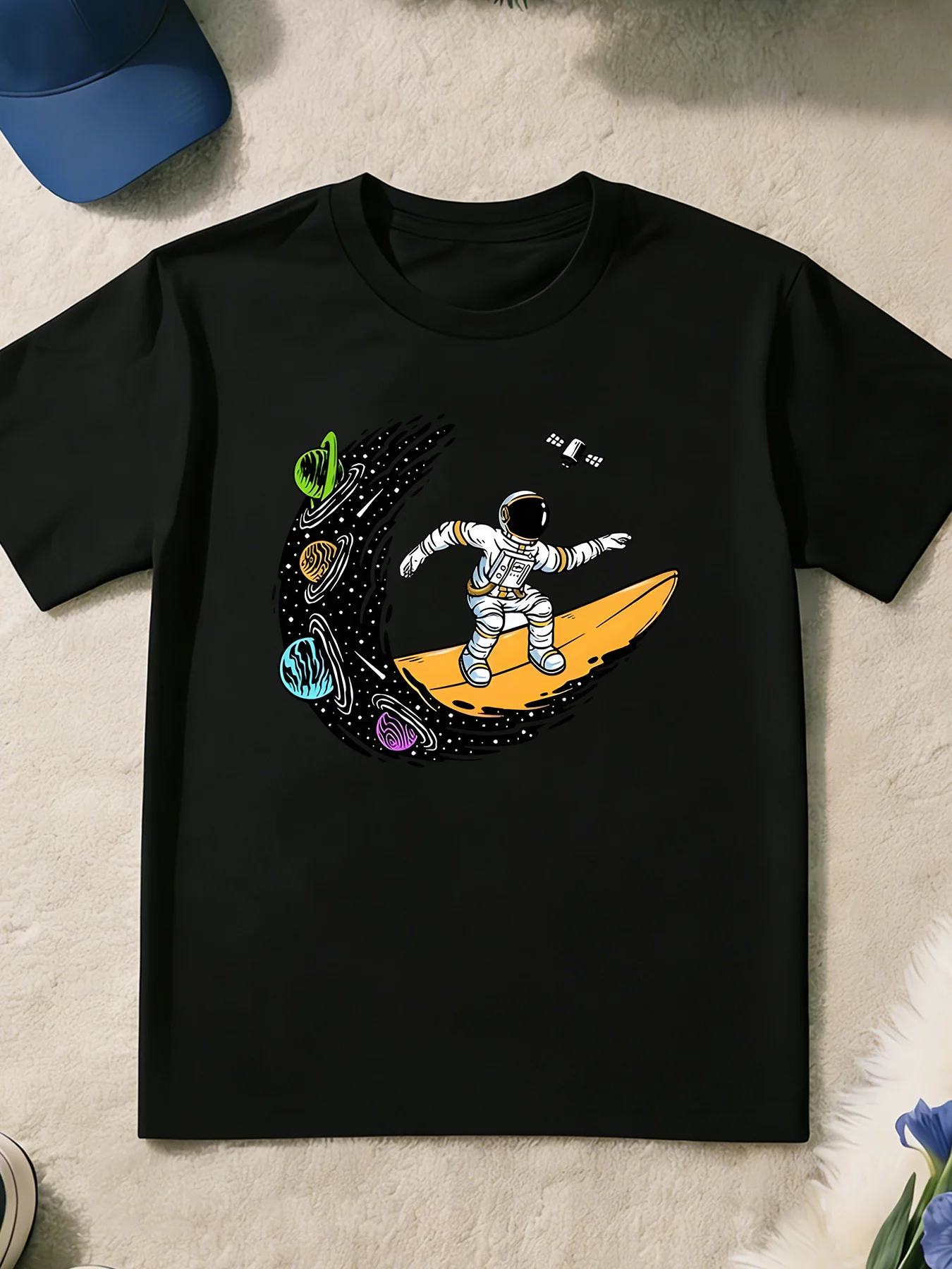 Space Surfing Astronaut Planet Cartoon Print T Shirt Boys Girls Cool Space Short Sleeve Tee Family Matching Kids Cotton Tops