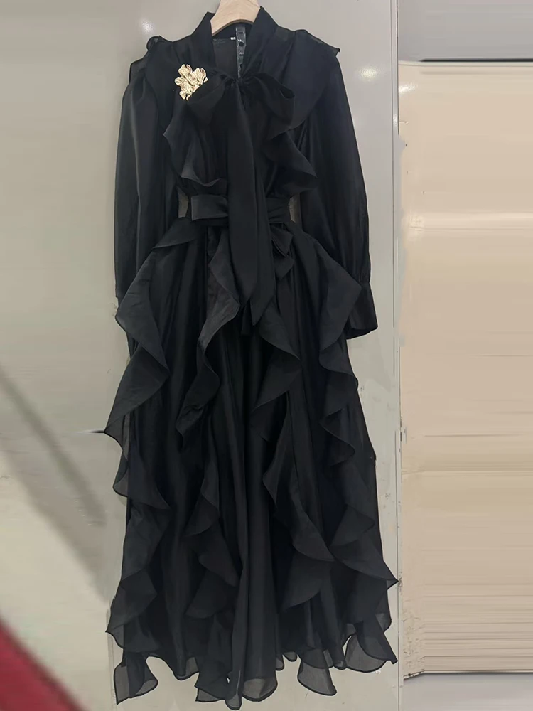 레트로 솔리드 컬러 우아한 허리끈 드레스 2025 가을 여성 신상 패션 긴팔 불규칙 러플 여성 루즈 드레스