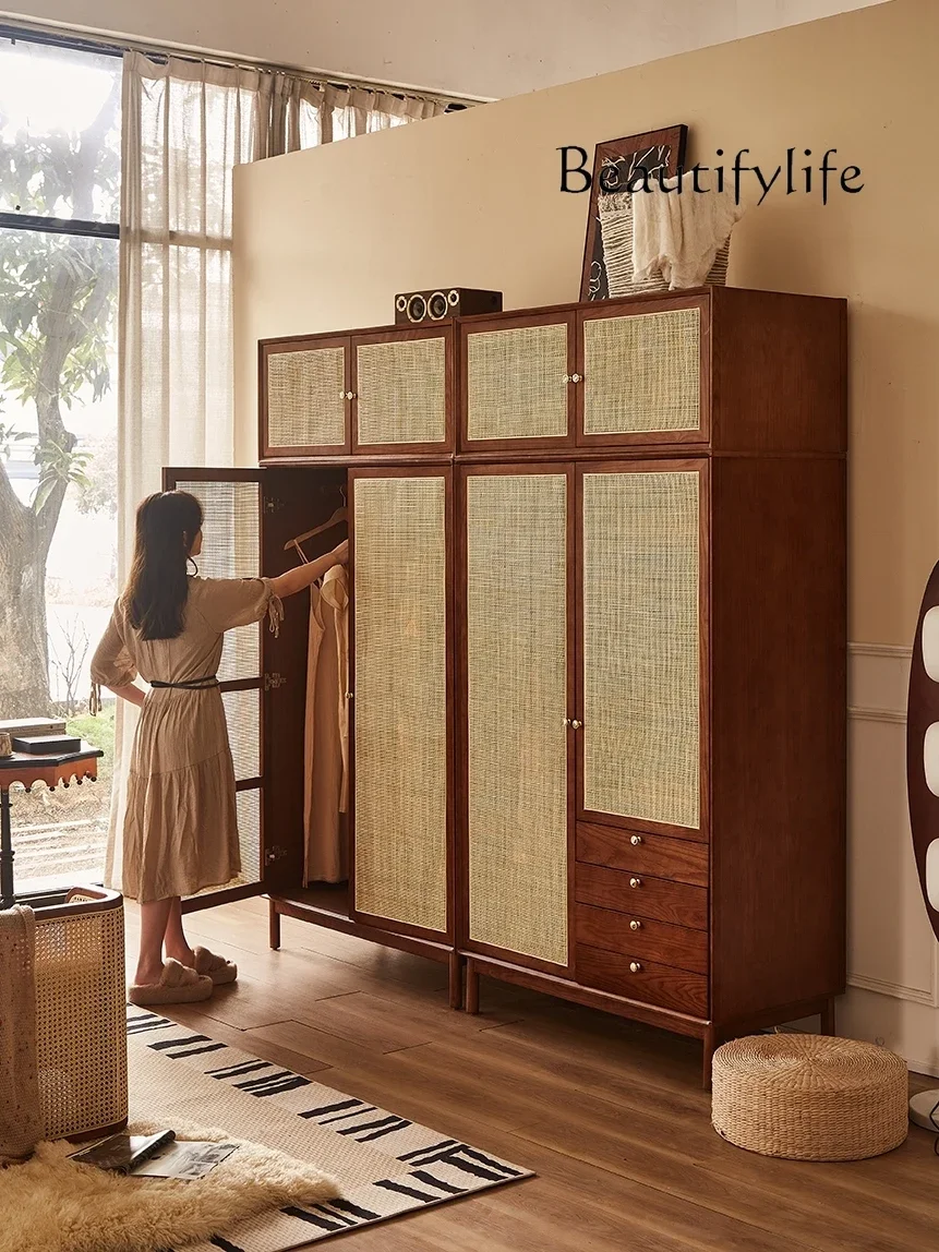 

Nordic Retro Solid Wood Wardrobe Double-Door Rattan Wardrobe Storage Modern Minimalist