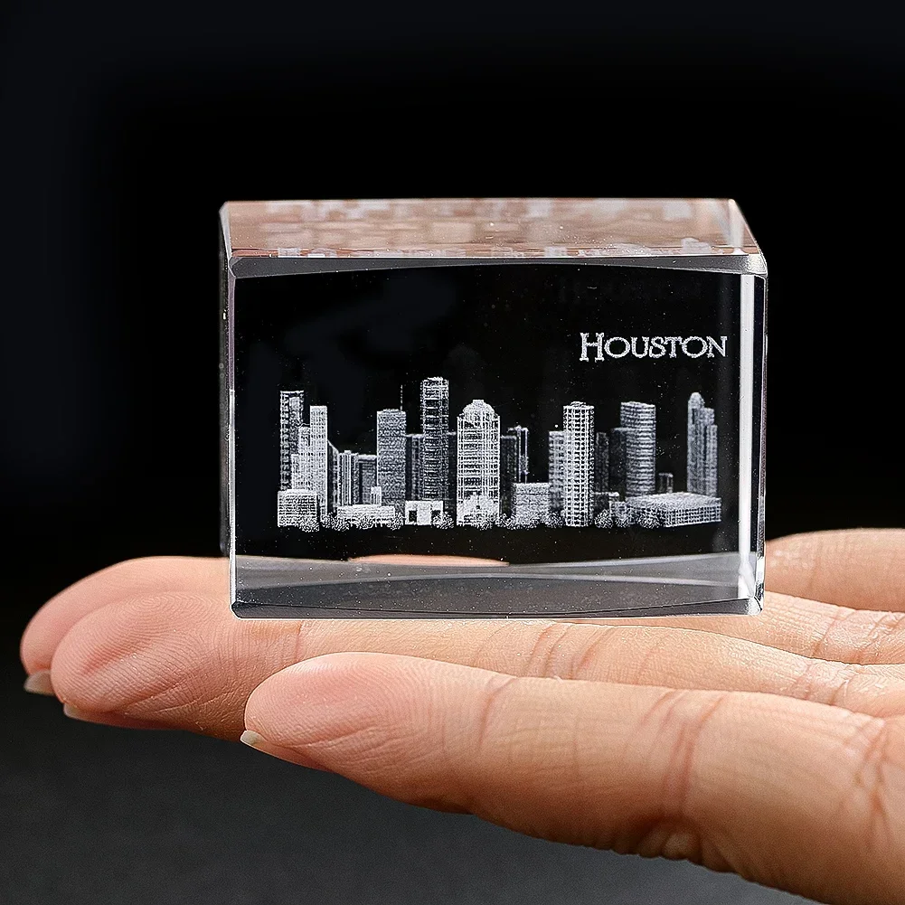 3d Laser Engraved Crystal Houston Architectural Ornament Literary Travel Souvenirs Bedroom Office Small Ornamental Table