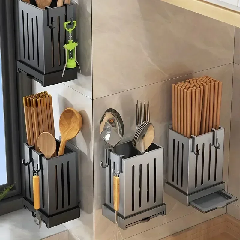 

1pc Kitchen Chopsticks Holder Multifunctional Hanging Utensil Drying Rack No Drilling Wall Mounted Spoon Fork Holders Container