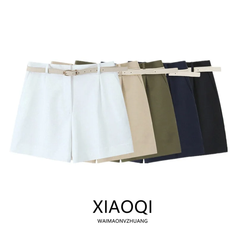Spring 2024 Women's Fashion Versatile High Waist Pleated Belted Wide Leg Bermuda Shorts Commute Style Regular Thickness