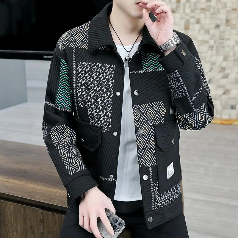 Brand Clothing Spring Autumn Men Coats Lapel Slim Print Jacket Mens High Quality Casual Jacket Tops Coat