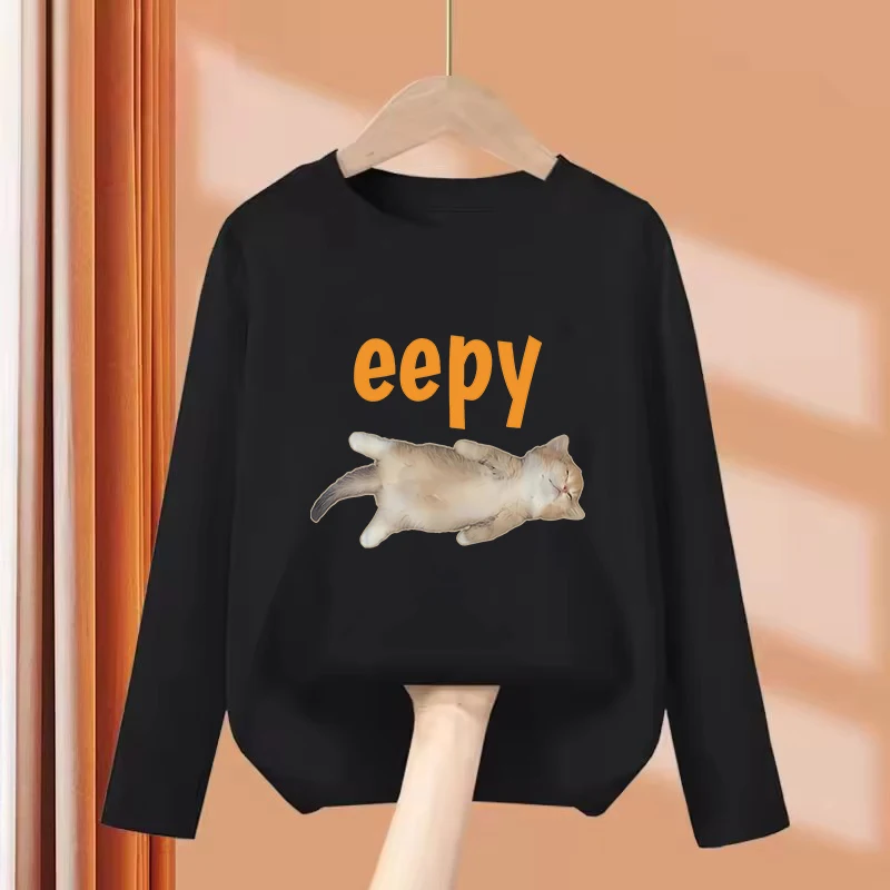 Long Sleeve Eepy Cat Design Printed Funny T Shirts Kids Children's T-shirt Boys Girls Summer Spring Casual Top Tee Shirt