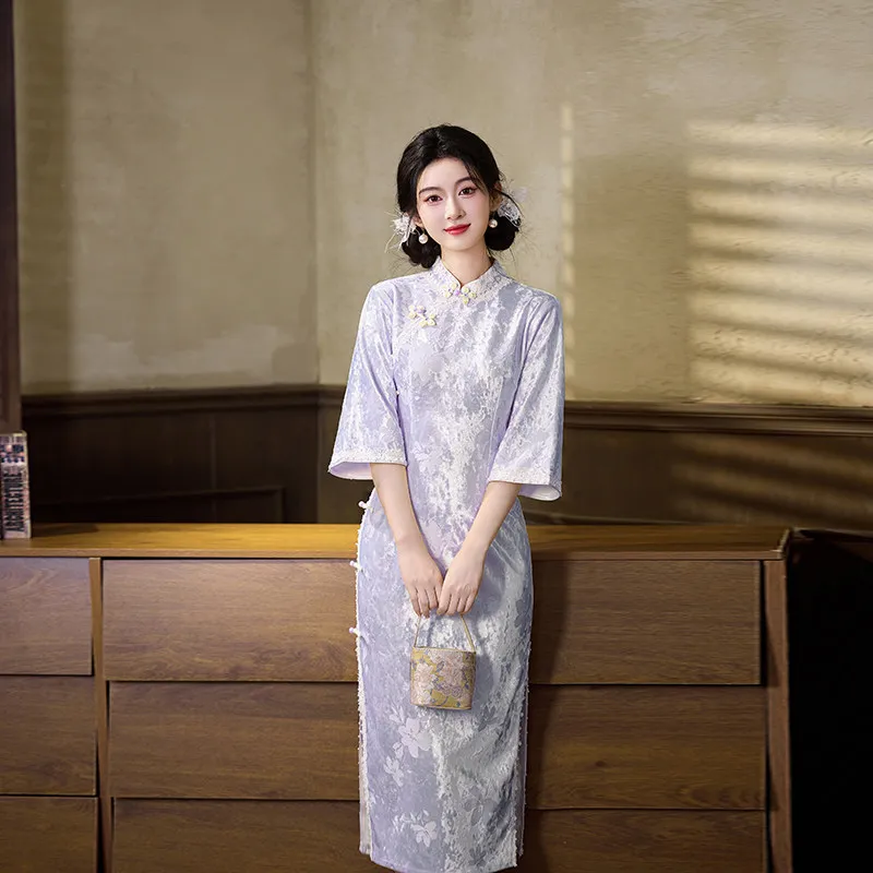 Purple New Chinese Style Long Sleeved Autumn Cheongsam Improved Young 2026 New Female Qipao Dress