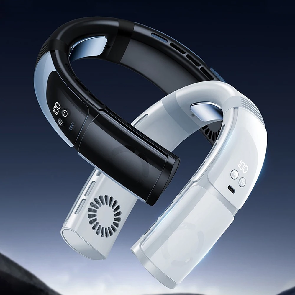 1/2pcs Rechargeable Mini Fan Neckband Fan 22 Surround Air Outlets Hanging Neck Fan Portable Cooler Fan USB Leafless 3600Mah