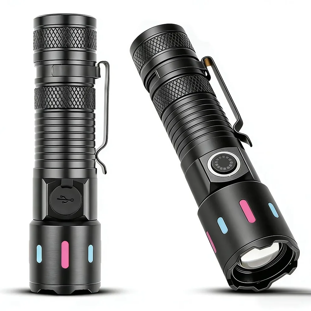 Rechargeable Super Bright LED Flashlight Waterproof Lamp with Fluorescent Strip Pen Clip for Outdoor Fishing Hiking Camping