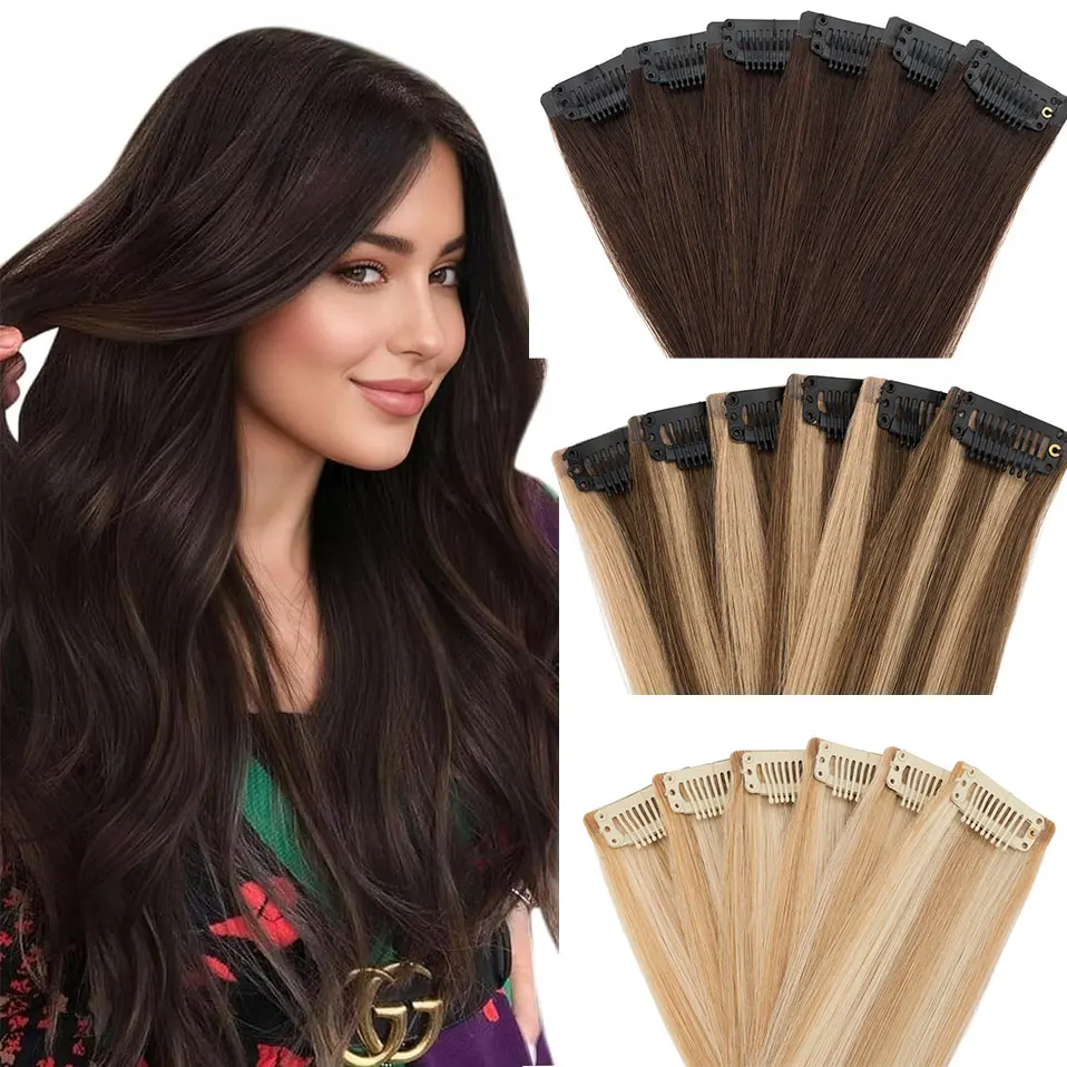 S-noilite Seamless PU Thin Weft 6Pcs Clip in Hair Extensions Real Human Hair Straight Soft Silk Clip in Extensions for Women