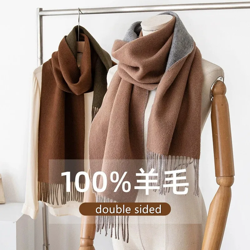 

Элитный однотонный шерстяной большой шарф, новинка осени/зимы, двусторонний шерстяной шарф унисекс, утолщенный, двусторонний, теплый, для ношения двумя способами