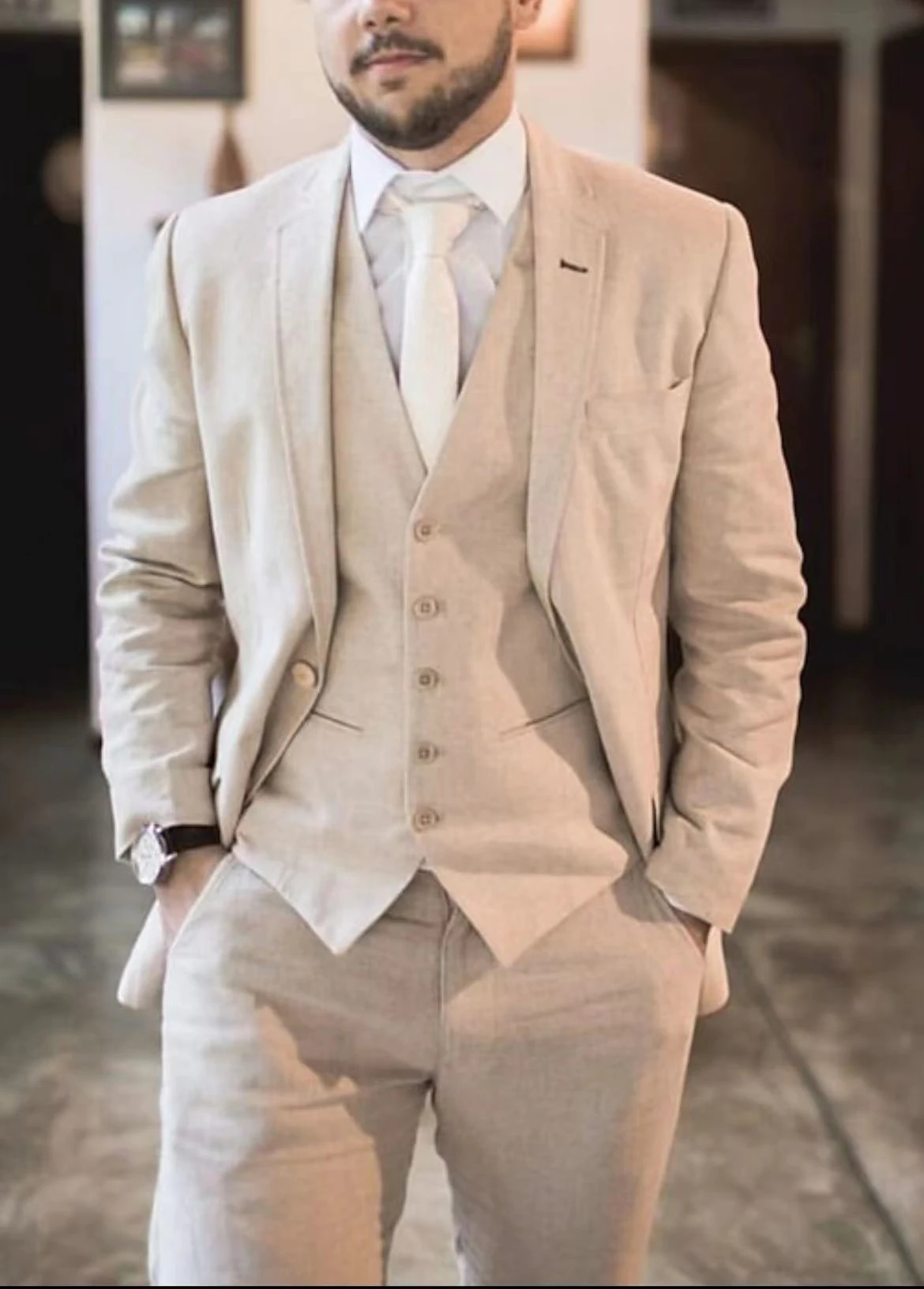

New Beige Suit Men Business Tuxedos Formal 3 Pieces Set Jacket Vest Pants Single Breasted Groom Groomsman Prom Wedding Party