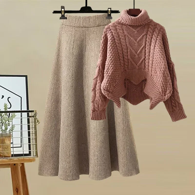 2025 New Women's Polo/Turtle Neck Knit Sweater 2-Piece Set Slimming Skirt Crossbody Design Sensibility for Autumn/Winter Sets Wo