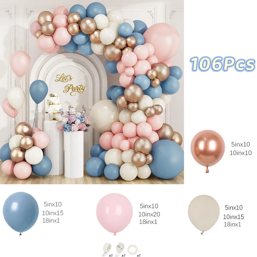 106Pcs Dusty Blue Sand White Pink Balloons Metallic Rose Gold Balloons for Baby Shower Gender Reveal Birthday Party Decorations